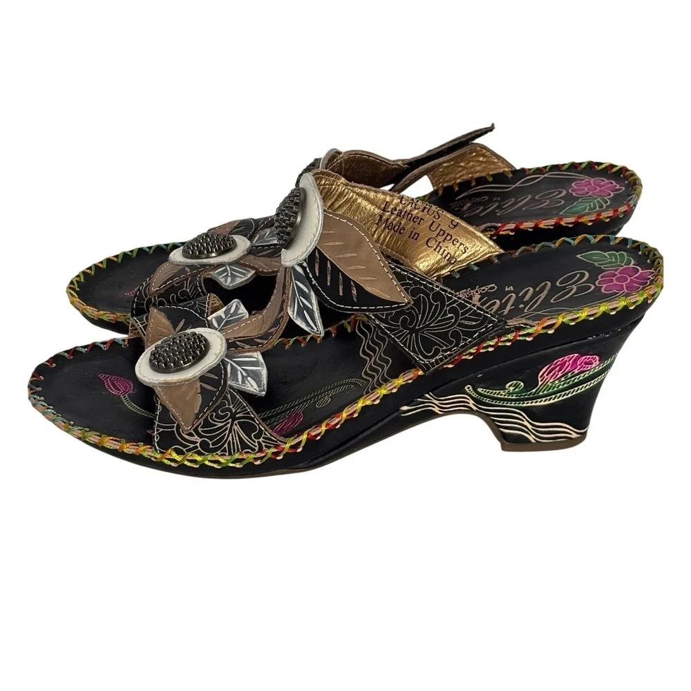 Elite‎ by Corkys Cactus Floral Leather Wedge Sandals Black Art US 9 EU 39